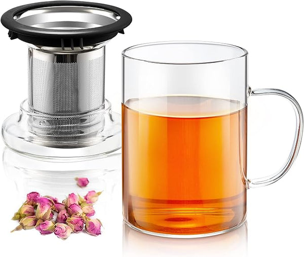 Suyika Tomotime Glass Tea Cup Lid Stainless Steel Infuser Basket Clear Tea Mug - Like New