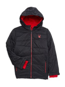 SPYDER BOY'S NEXUS LOGO HOODED PUFFER JACKET - SIZE: YOUTH L - BLACK/RED - Like New