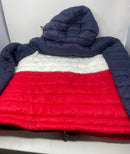 SPIRE MEN'S QUILTED SHELL HOODED PUFFER JACKET - SIZE: MEN L - NAVY/WHITE/RED - Brand New