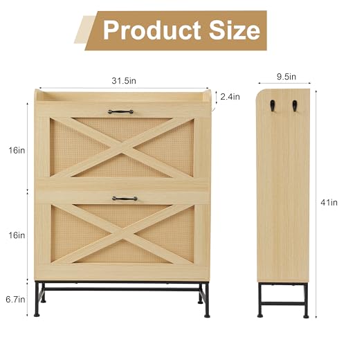 Narrow Shoe Organizer Cabinet with 2 Flip Drawers for Entryway Natural Rattan - Like New
