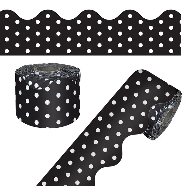 CARSON DELLOSA 65' BLACK WITH WHITE POLKA DOTS ROLLED SCALLOPED BULLETIN BOARD - Brand New