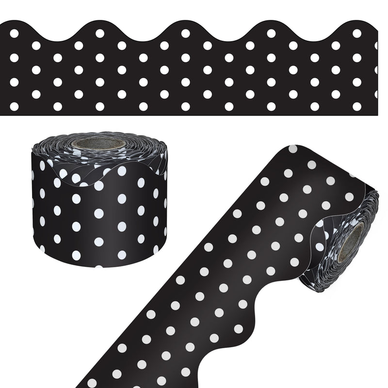 CARSON DELLOSA 65' BLACK WITH WHITE POLKA DOTS ROLLED SCALLOPED BULLETIN BOARD - Brand New