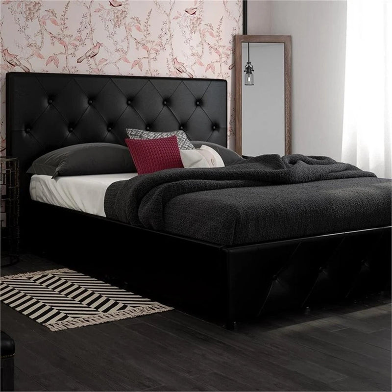 DHP DAKOTA QUEEN UPHOLSTERED BED WITH STORAGE DRAWERS IN BLACK FAUX LEATHER - Like New