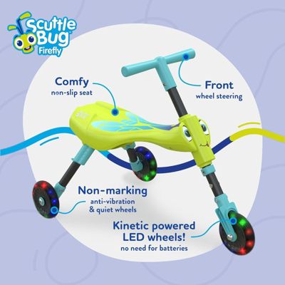 MOOKIE SCUTTLEBUG FIREFLY RIDE-ON WITH MOTION-POWERED LIGHT-UP WHEELS - Like New