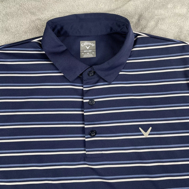 CALLAWAY SHIRT MEN'S NAVY BLUE WHITE STRIPED SHORT SLEEVE GOLF POLO - L - NAVY - Brand New