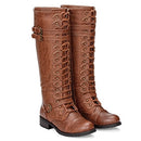 ILLUDE Women's Knee High Boots Lace Up Buckle Military Combat Boot 7.5 - Cognac - Brand New