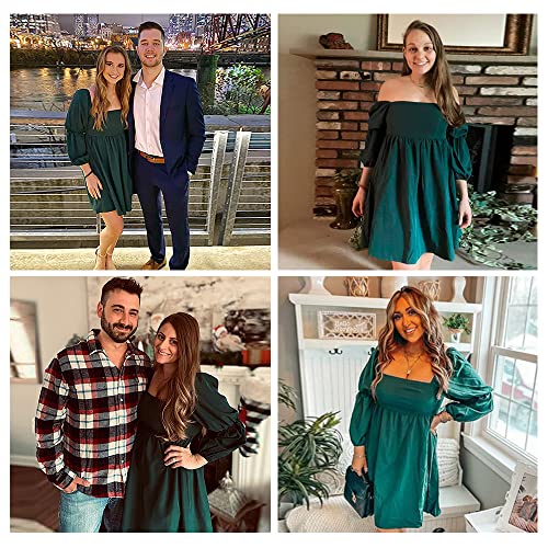 EXLURA WOMENS 2025 SQUARE NECK DRESS LONG PUFF SLEEVE CASUAL- SIZE L - DARKGREEN - Brand New