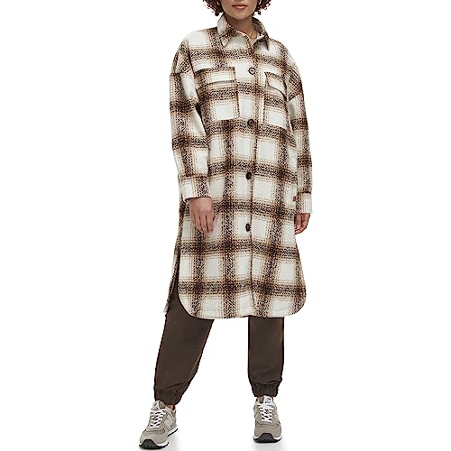 Levi's Women's Long Plaid Flannel Shirt Jacket Cream Plaid M - Brand New