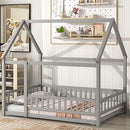 GUBAIAO FULL SIZE PINE WOODEN FLOOR BED WITH HOUSE ROOF FRAME AND FENCE - GREY - Like New