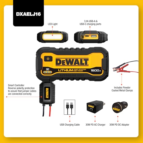 DeWalt DXAELJ16 1600 Peak Amp Jump Starter Battery Booster USB Power Station - Like New