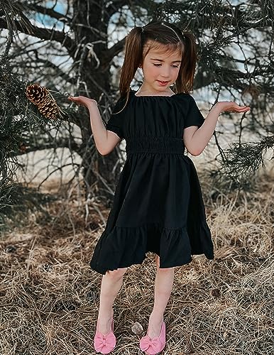Arshiner Girls Tie Back Short Sleeve Ruffle Hem Off Shoulder Casual Black Dress - Brand New