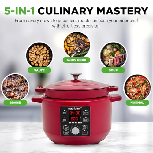 NUTRICHEF 6 QUART ELECTRIC DUTCH OVEN 1500W 5-IN-1, NCZTS60DR - RED - Brand New