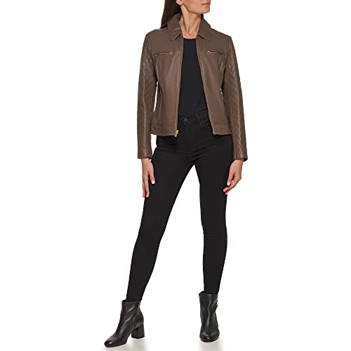 COLE HAAN WOMEN DIAMOND QUILTED SLEEVE SHIRT COLLAR LEATHER COAT XL - STONE - Brand New