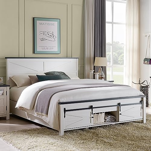 KING FARMHOUSE WOOD BED FRAME SLIDING BARN DOOR STORAGE NO BOX - ANTIQUE WHITE - Like New