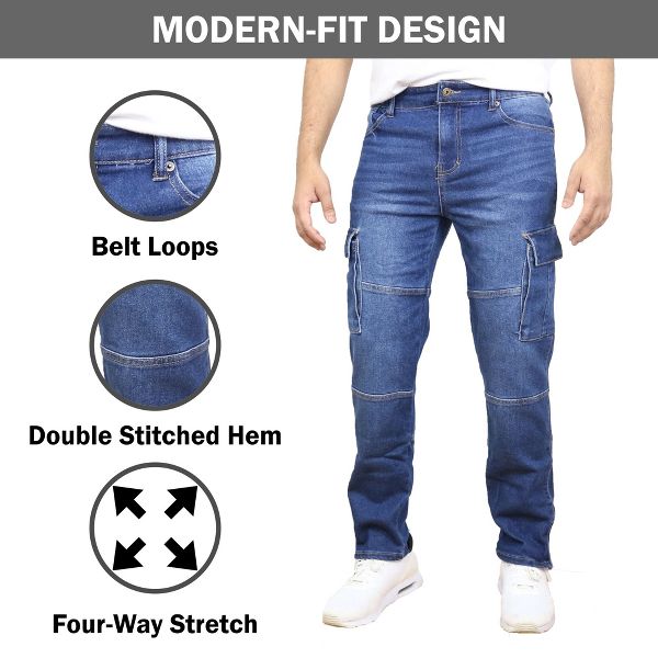 BLUE ICE MEN'S STRETCH CARGO POCKET JEANS - SIZE: MEN 32X32 - DARK BLUE WASH - Brand New