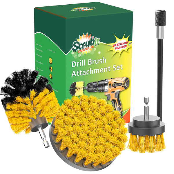 SCRUBIT DRILL BRUSH ATTACHMENT SET POWER SCRUBBER TILE GROUT TOOL - YELLOW - Like New