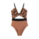 CUPSHE WOMENS ONE PIECE SWIMSUIT PLUNGE NECKLINE CUTOUT CRISS - S - BROWN/BLACK - Brand New