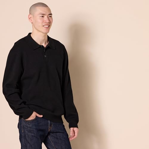 AMAZON ESSENTIALS MEN'S RELAXED-FIT KNIT POLO SWEATER - SIZE: MEN L - BLACK - Brand New