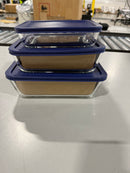 DURA CULINA 3 PIECE SET GLASS FOOD STORAGE WITH LID, BOROSILICATE GLASS - BLUE - Like New