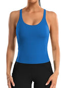 ATTRACO WOMEN RIBBED CROP TOPS BUILT IN BRA YOGA RACERBACK - ROYAL - MEDIUM - Brand New