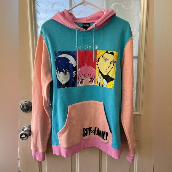 BOX LUNCH SPYXFAMILY LONG SLEEVE ANIME HOODIE SIZE M COLORBLOCK PANEL PORTRAIT - Like New