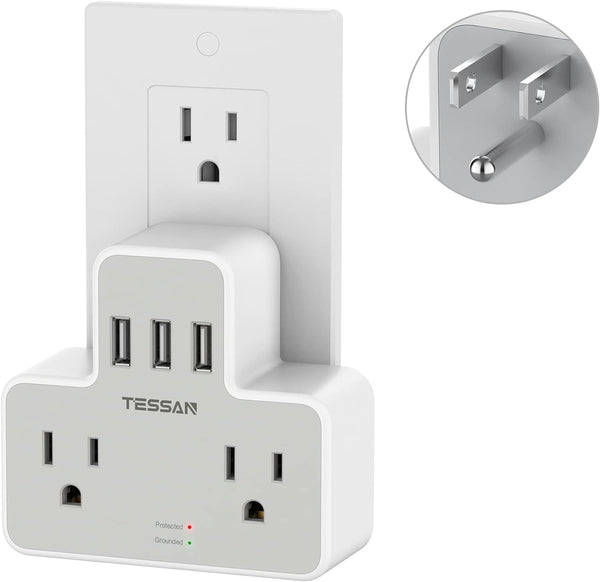 TESSAN Double Outlet Plug Splitter with 3 USB TS-169-US - WHITE Like New