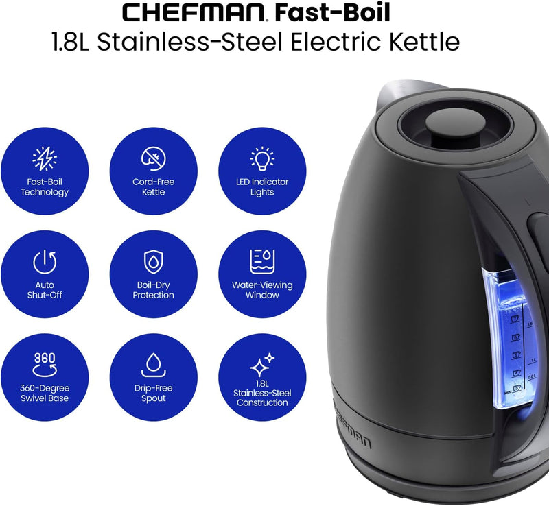 Chefman Electric Kettle, 1.8 Liter Stainless Steel - Black Like New