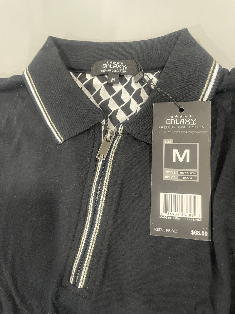 GALAXY BY HARVIC MEN’S MODERN FIT POLO SHIRT WITH ZIP PLACKET, SIZE: M - BLACK - Brand New