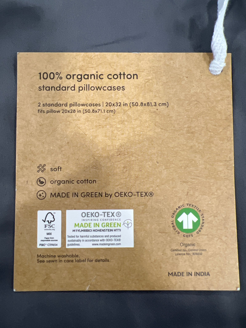 AMAZON 100% ORGANIC COTTON 2 STANDARD PILLOW CASES - GRAY - Like New