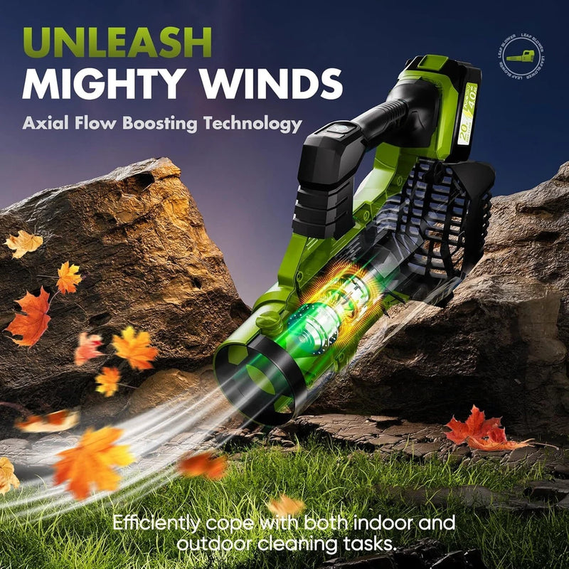 ACESKY LEAF BLOWER CORDLESS 580CFM/160MPH & 3 SPEED BATTERY/ CHARGER - GREEN - Like New