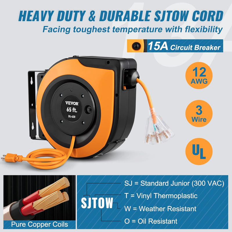 VEVOR Retractable Extension Cord, 65 FT, 12AWG, 3x Outlets, 15A, DL-620 - ORANGE - Like New