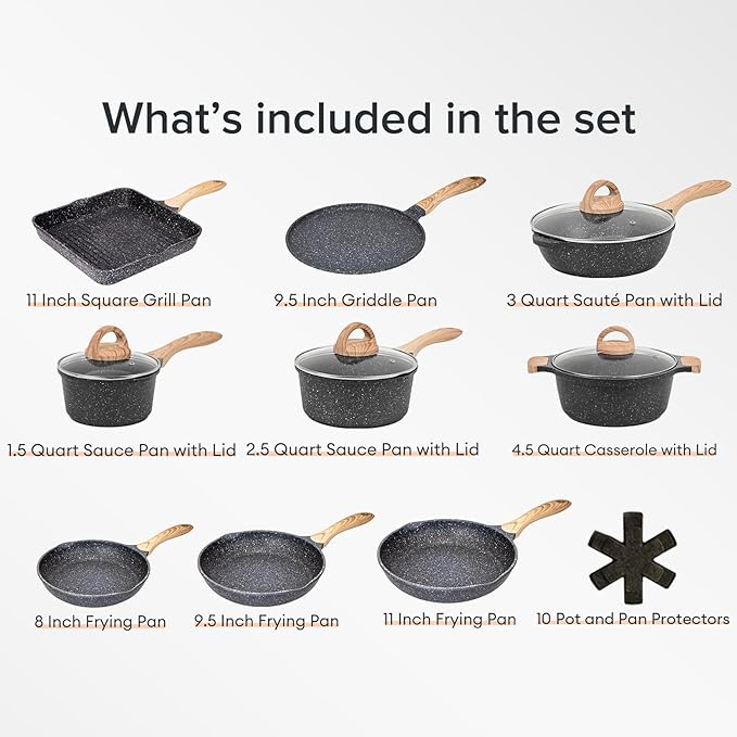 JEETEE Pots Pans Set Nonstick 23pcs Healthy Kitchen Cookware Sets - Gray/Granite Like New