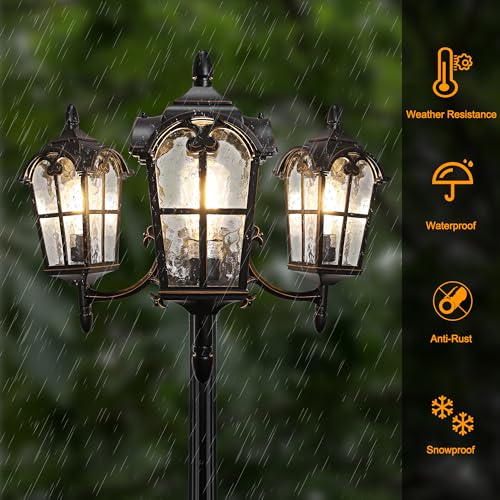 PARTPHONER BLACK ROMAN OUTDOOR LAMP POST TRIPLE HEAD ALUMINUM STREET LIGHT - Like New