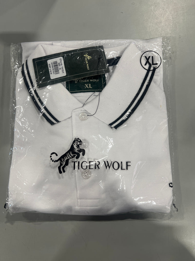 TIGER WOLF 3 BUTTON POLO SHIRT - SIZE: MEN XL - WHITE/BLACK - Like New
