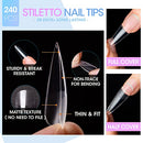 Gellen Nail Tips Glue Gel Kit Acrylic Nail 240Pcs Clear Stiletto Curl Set - Brand New