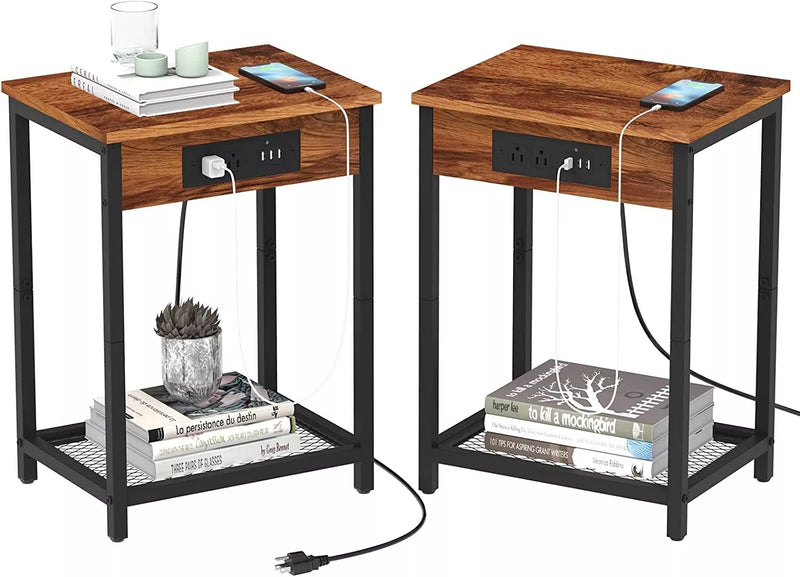 CADUKE 2PACK 2-TIER HEAVY DUTY NIGHTSTAND CHARGING STATION USB PORT - BROWN - Like New