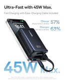 BASEUS POWER BANK, PICOGO 10000MAH 45W 3-OUTPUT CHARGER BUILT-IN CABLE - BLACK - Like New
