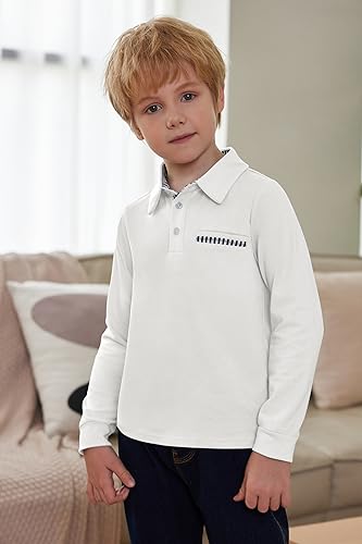 Arshiner Boy's Long Sleeve Plaid Trim Polo School Shirt Pocket 4-12 Years WHT - Brand New