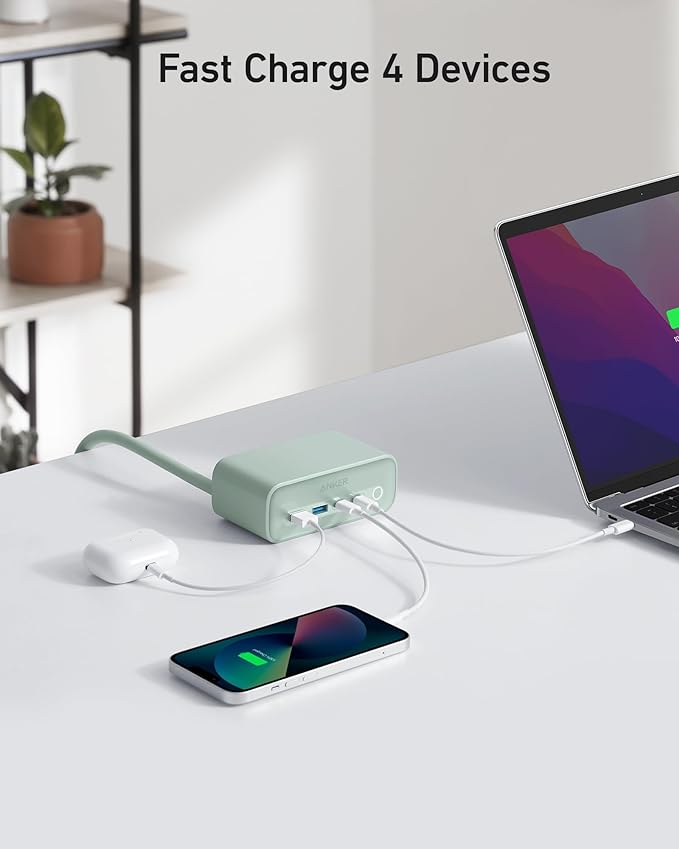 Anker 525 Charging Station 7-in-1 USB C Power Strip 65W Power - Natural Green Like New