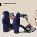 CAMSSOO Women's T-Strap Rhinestones Heeled Sandals, Blue Velvet, Size 42 - Brand New