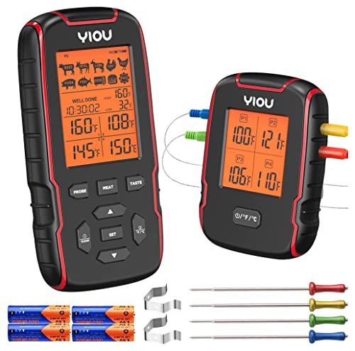 YIOU WIRELESS MEAT THERMOMETER FOR COOKING, DIGITAL MEAT THERMOMETER -RED - Like New