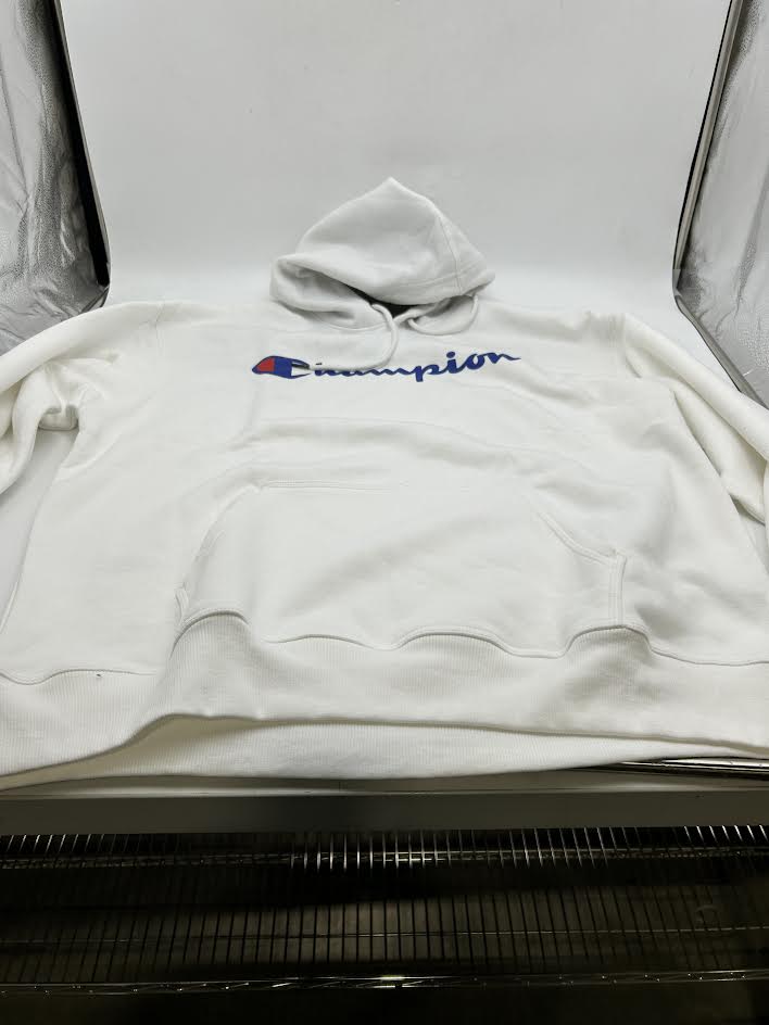 CHAMPION POWERBLEND HOODIE, FULL SCRIPT LOGO - SIZE: MEN XL - WHITE - Brand New
