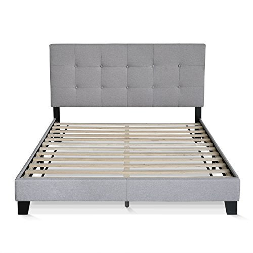 FURINNO LAVAL BUTTON TUFTED UPHOLSTERED PLATFORM BED FRAME, QUEEN, GLACIER.GRAY - Like New