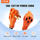 VEVOR 15 FT EXTENSION 50 AMP, STW POWER CORD, 14-50R FEMALE, 14-50P MALE PLUG - Like New