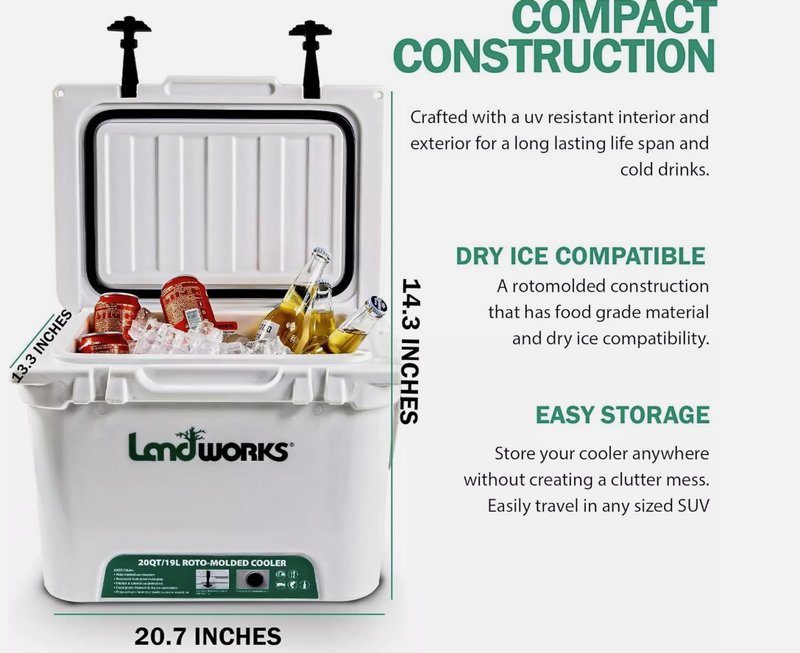 LANDWORKS ROTOMOLDED ICE COOLER 20QT (UPGRADED) UP TO 5 DAY ICE RETENTION -WHITE Like New