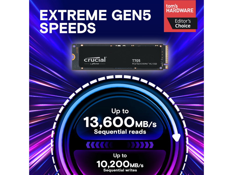 Crucial T705 1TB PCIe Gen5 NVMe M.2 SSD - Up to 13,600 MB/s - Game Ready -