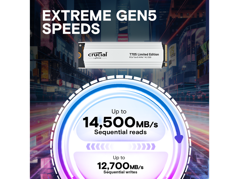 Crucial T705 2TB PCIe Gen5 NVMe M.2 SSD with White Heatsink  - Up to 14,500 MB/s