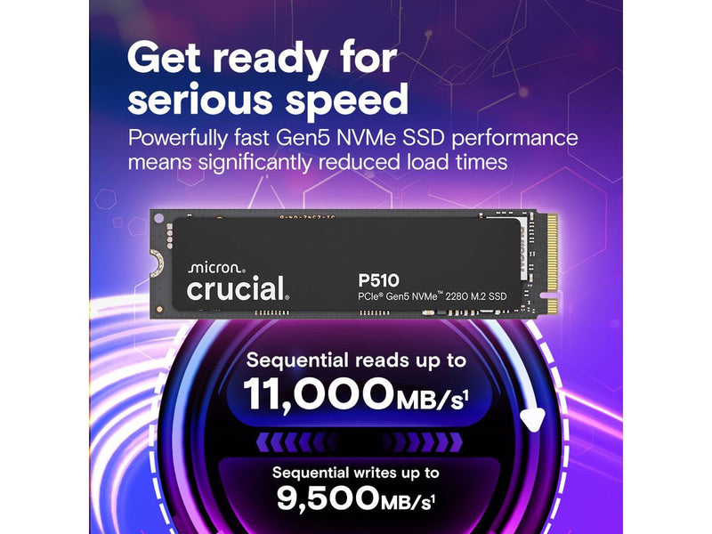Crucial P510 1TB Gen5 NVMe SSD, Up to 11,000 MB/s, PCIe 5.0 M.2 2280 SSD,