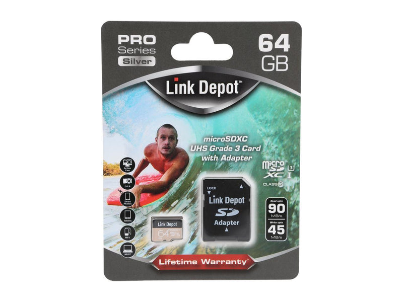 Link Depot 64GB microSDXC w/SD Adapter USH 3 Class10 90/45