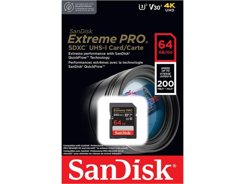 SanDisk 64GB Extreme Pro SDXC UHS-I/U3 V30 Class 10 Memory Card, Speed Up to